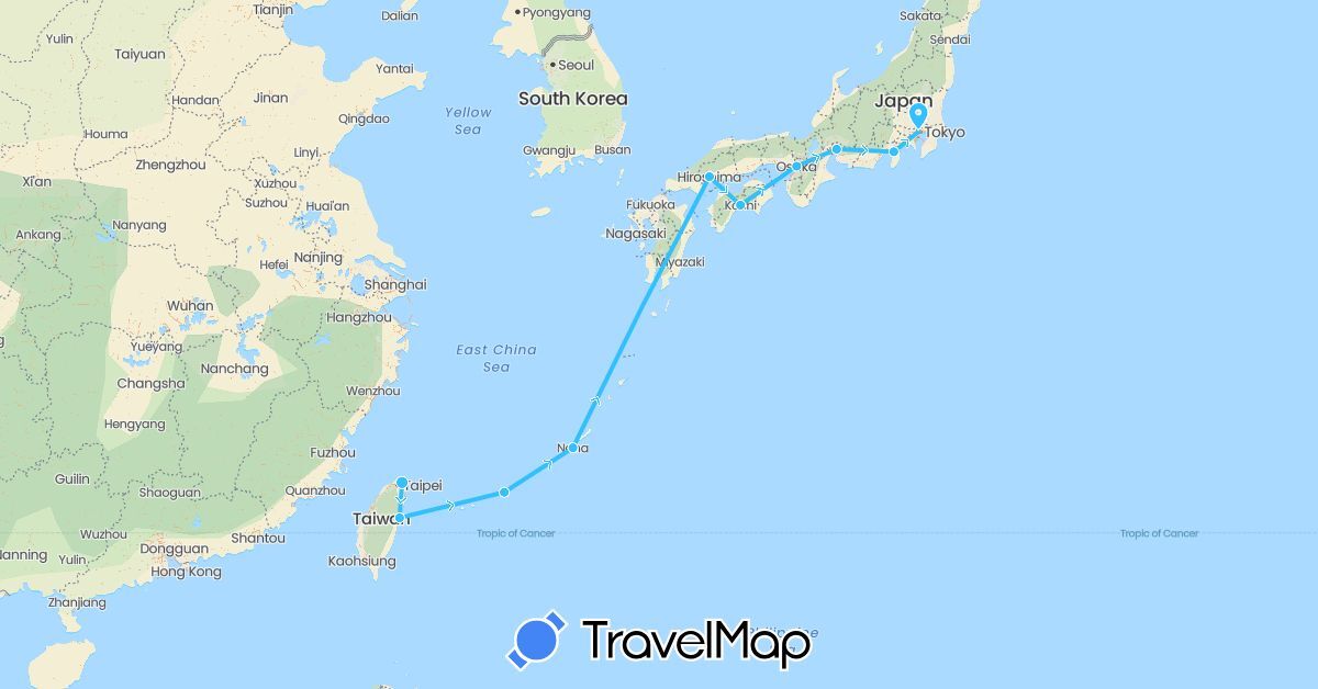 TravelMap itinerary: driving, boat in Japan, Taiwan (Asia)